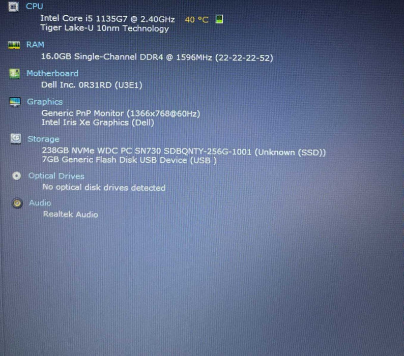 Dell Latitude 3520 Core i5-1135G7@2.4GHz 16GB RAM 256GB SSD READ  Lap200
