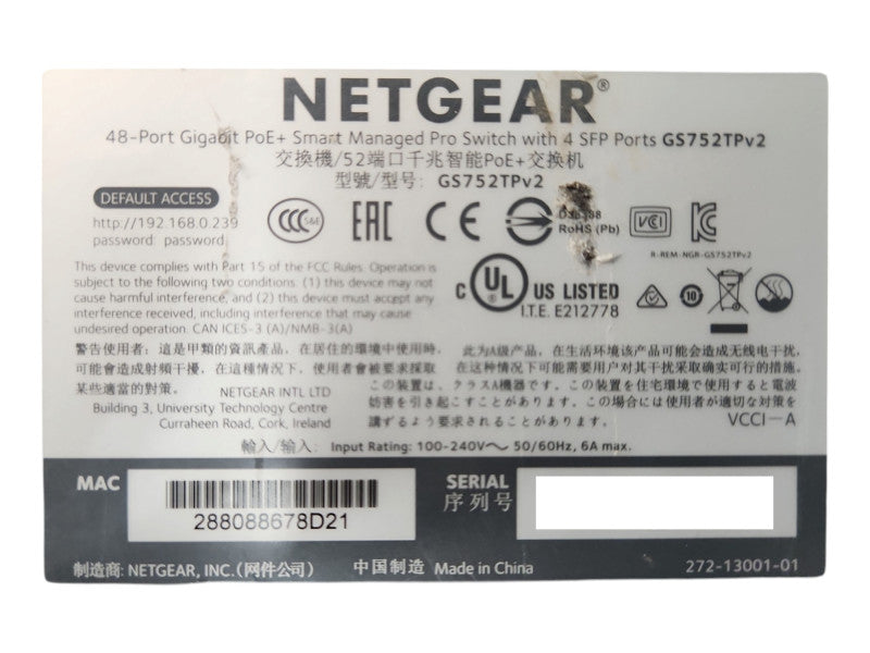 NETGEAR 48-Port Gigabit PoE+ Smart Managed Pro Switch w/ 4 SFP (GS752TPv2)