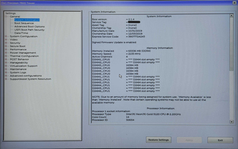 Dell Precision T7820, Xeon Gold 5120 2.20GHz 14C, 64GB DDR4, K2000,950W PSU