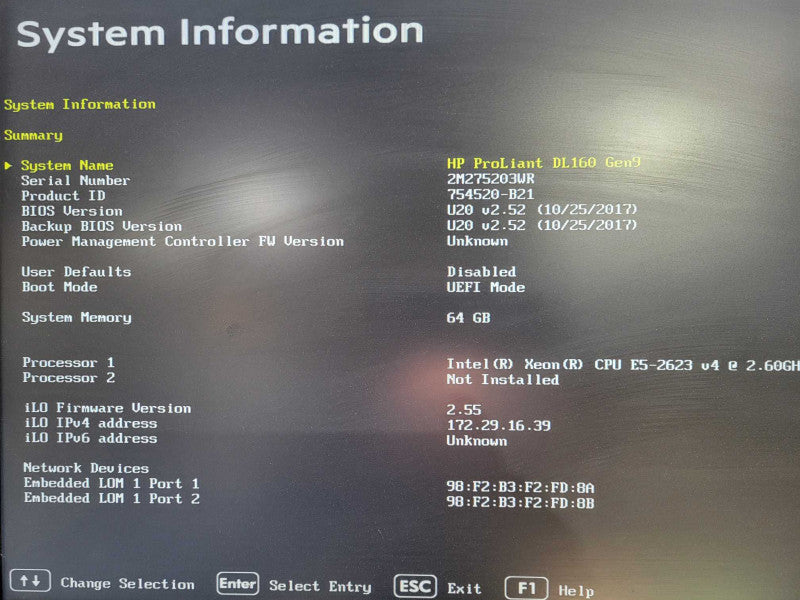HP ProLiant DL160 Gen9 1x Xeon E5-2623v4 2.60GHz 64GB DDR4 B140i NO HDD !