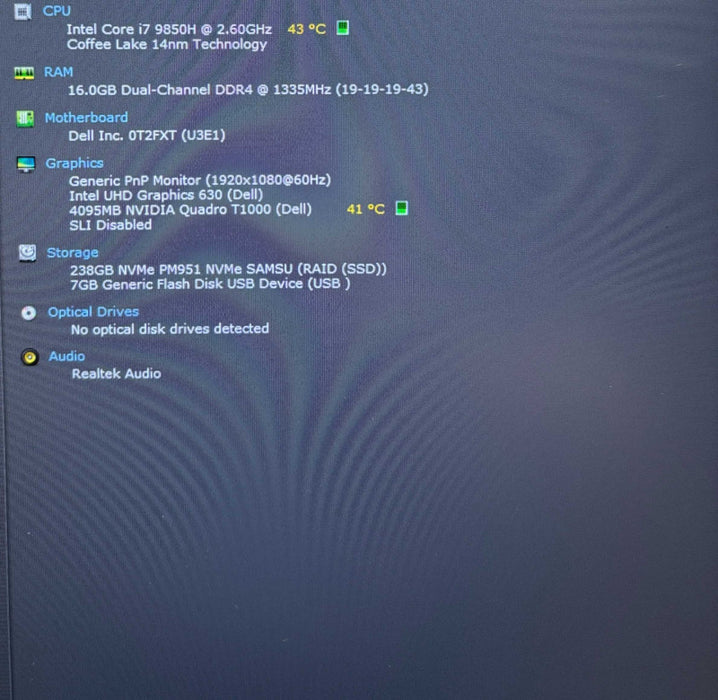 Dell Precision 7540 i7-9850H@2.6GHz QUADRO T1000 4GB GPU 16GB RAM 256SSD  Lap200