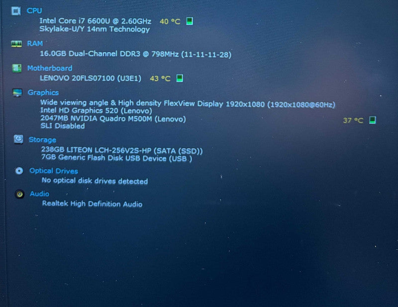 Lenovo ThinkPad P50s i7-6600U@2.6GHz QUADRO M500M 2GB GPU 16GB RAM 256SSD  Lap200