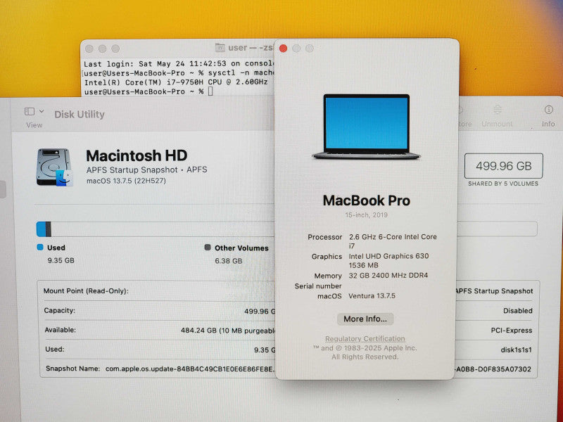 Apple Macbook Pro 2019 15" 6-Core i7-9750H @ 2.6GHz 32GB DDR4 500GB SSD GPU (