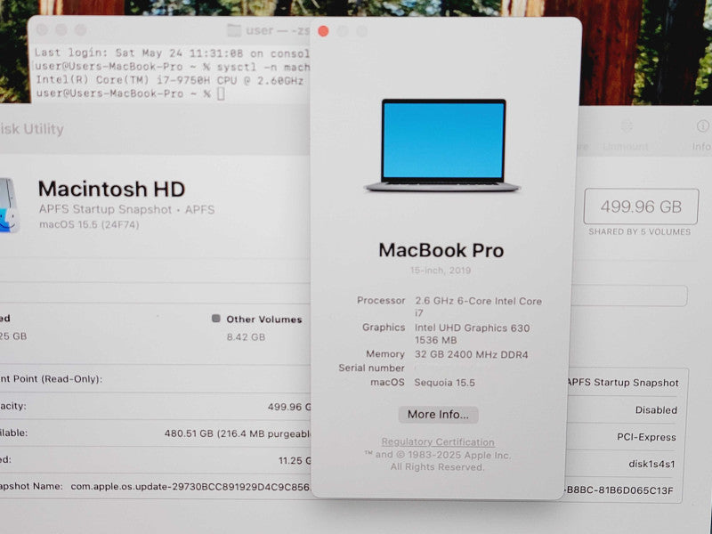 Apple Macbook Pro 2019 15" 6-Core i7-9750H @ 2.6GHz 32GB DDR4 500GB SSD GPU (