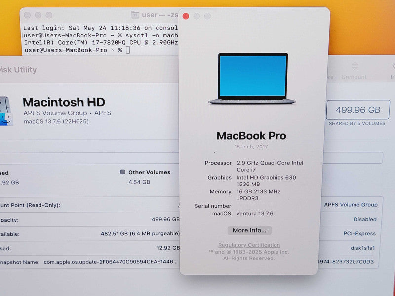 Apple Macbook Pro 2017 15" 4-Core i7-7820HQ @2.9GHz 16GB DDR3 500GB SSD GPU (