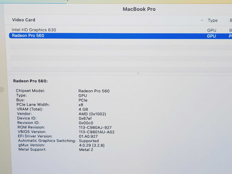 Apple Macbook Pro 2017 15" 4-Core i7-7820HQ @2.9GHz 16GB DDR3 500GB SSD GPU (