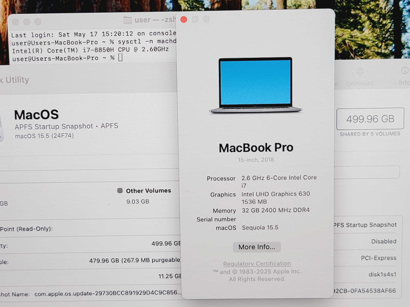 Apple Macbook Pro 2018 15" 6-Core i7-8850H @ 2.6GHz 32GB DDR4 500GB SSD GPU (