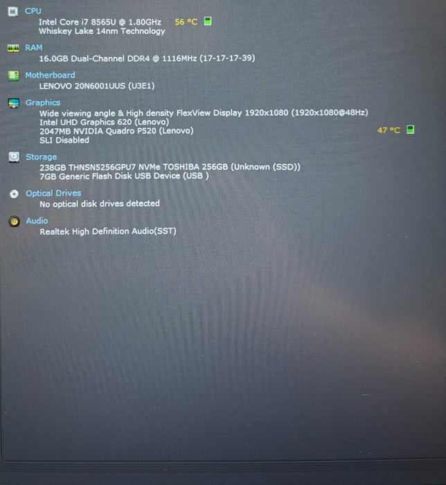 Lenovo ThinkPad P53s i7-8565U@1.8GHz QUADRO P520 2GB GPU 16GB RAM 256GB SSD  Lap200