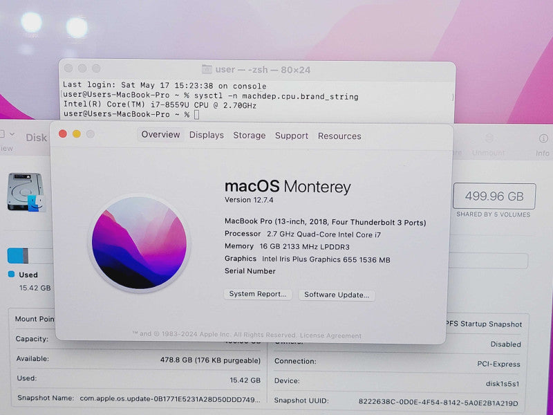 Apple Macbook Pro 2018 13" 4-Core i7-8559U @ 2.7GHz 16GB DDR3 500GB SSD (