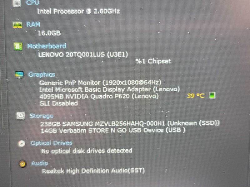 Lenovo ThinkPad P15v i7-10750H 16GB DDR4 Quadro P620 256GB SSD NO BATTERY  β Lap200