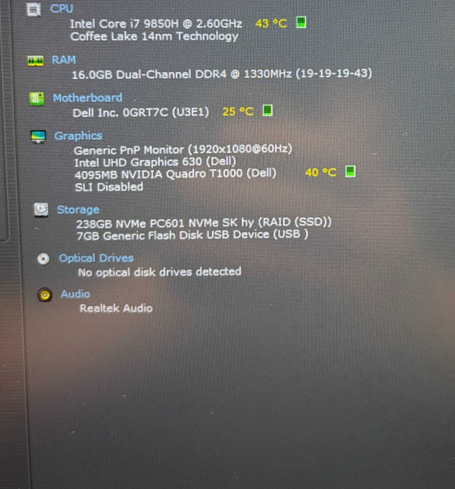 Dell Precision 7540 i7-9850H@2.6GHz QUADRO T1000 4GB GPU 16GB RAM 256GB SSD  Lap200
