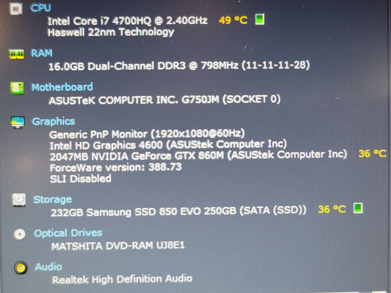 Asus ROG G750J i7-4700HQ 16GB DDR3 GTX 860M 250GB SSD NO BATTERY NO ADAPTER β BudLap