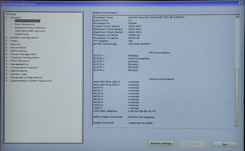 Dell Precision T7820, Xeon Gold 5120 2.20GHz 14C, 96GB DDR4, K4200,950W PSU