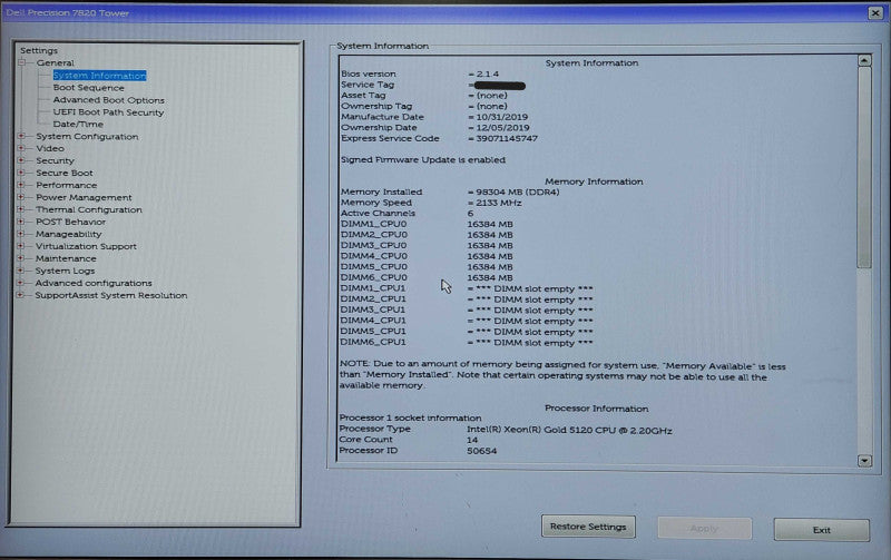 Dell Precision T7820, Xeon Gold 5120 2.20GHz 14C, 96GB DDR4, K4200,950W PSU