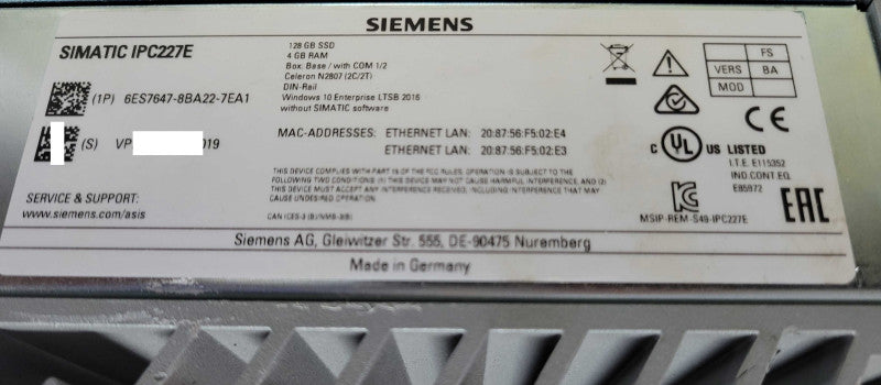 Siemens SIMATIC NANOBOX PC IPC227E 6ES7647-8BA22-7EA1, READ _