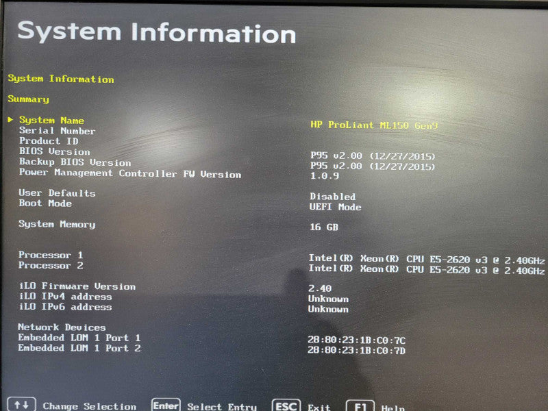 HP ProLiant ML150 Gen9 16GB RAM 2x Intel Xeon E5-2620 v3 @ 2.4GHZ B140i !