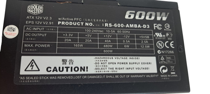 Cooler Master 600W ATX Power Supply RS-600-AMBA-D3 80+ Bronze Semi-Modular