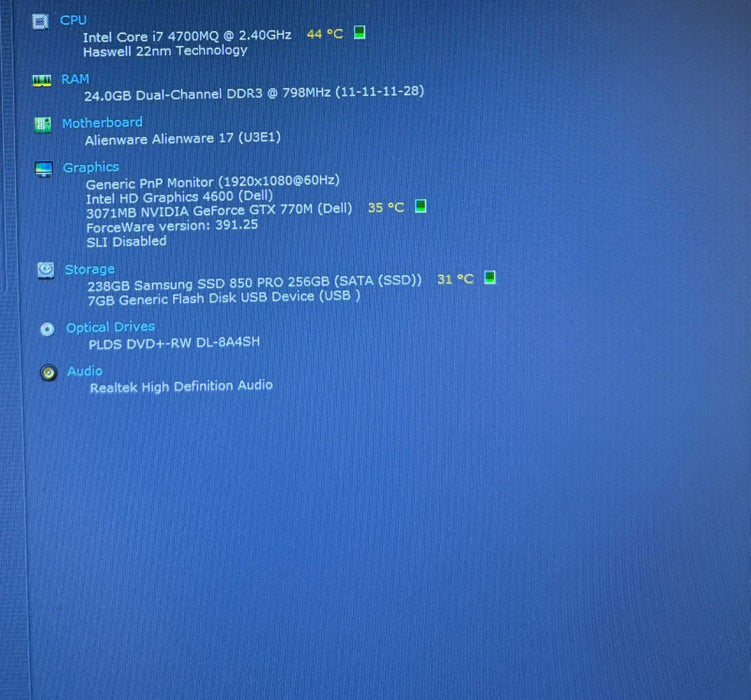 ALIENWARE 17 P18E i7-4700MQ GTX770M 3GB GPU 24GB RAM 256SSD No Battery READ  Lap200