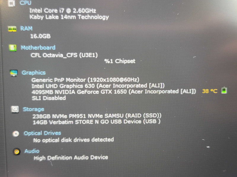 Acer Nitro 5 Gaming Laptop i7-9750H 16GB DDR4 GTX 1650 256GB SSD READ  β Lap200