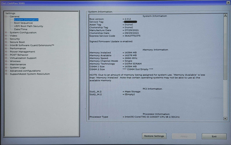 Dell OptiPlex 3080 USFF, i5-10500T 2.30GHz, 16GB DDR4, 256GB NVMe