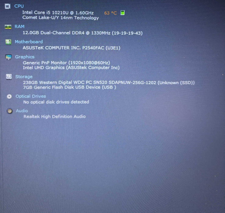 ASUS P2540F Core i5-10210U@1.6GHz 12GB RAM 256GB SSD  Lap200
