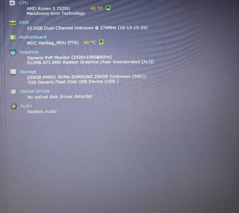 Acer Aspire 3 15 AMD Ryzen 5 7520U@2.8GHz 16GB RAM   Lap200