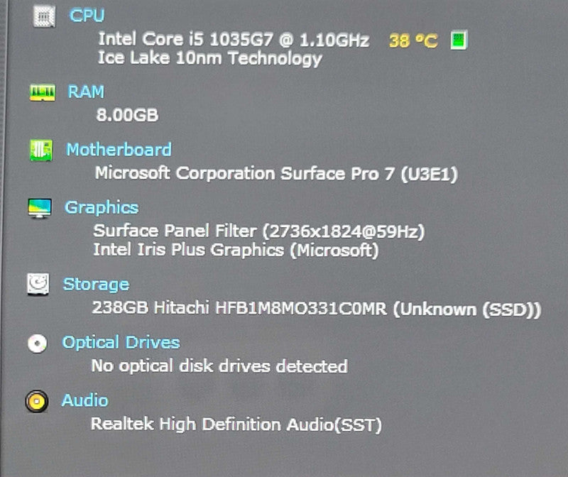 Surface Pro 7 1866, Core I5-1035G4 1.10GHz, 8GB DDR4, 256GB NVMe, READ _ Lap200