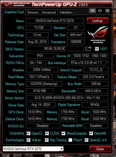 PNY Nvidia GeForce RTX 2070 8GB Graphics Card - 3xDP 1xHDMI 1xDVI