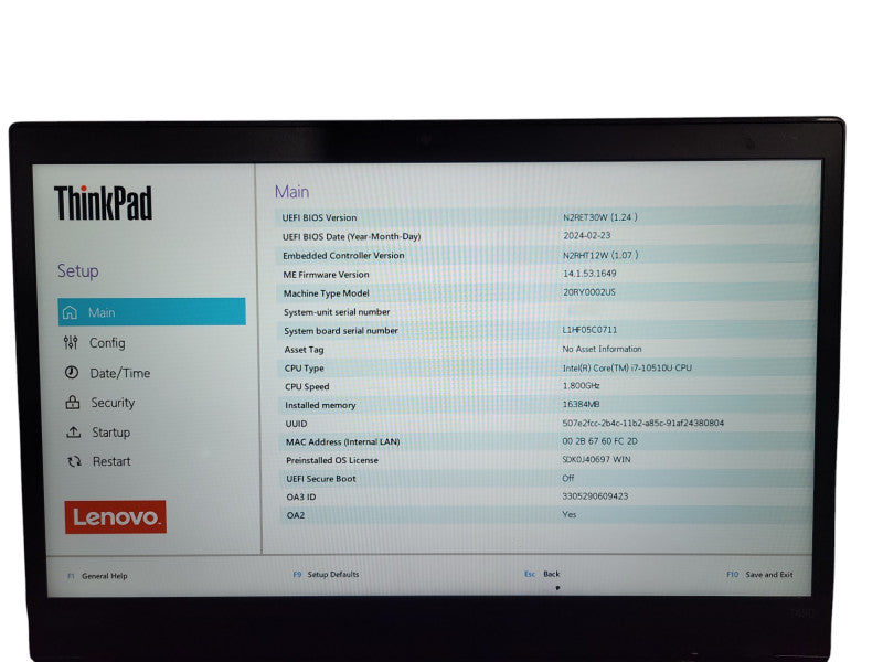 Lenovo ThinkPad T490 i7-10510U 16GB DDR4 512GB SSD ! Lap200