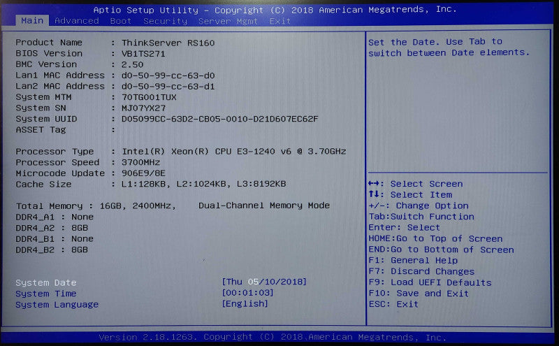 Lenovo ThinkServer RS160 1U, Xeon E3-1240v6 3.70GHz, 16GB DDR4