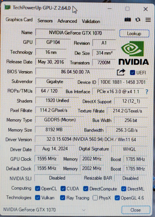 GIGABYTE NVIDIA GTX 1070 8GB Graphics Card - 3xDP 1xHDMI 1xDVI