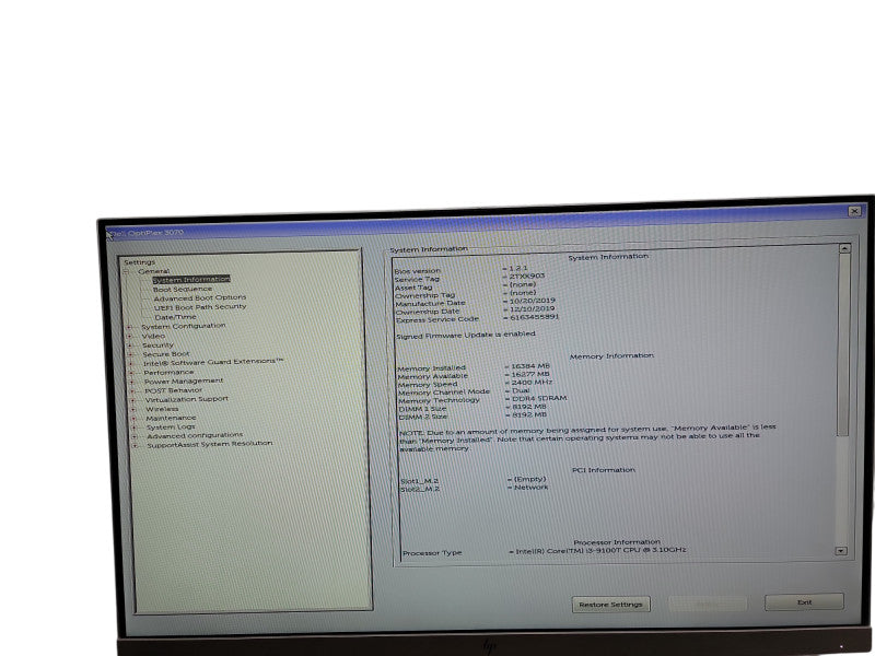 Dell OptiPlex 3070  i3 - 9100T @ 3.10GHz 16GB DDR4 Ram  θ