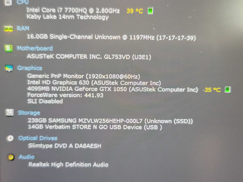 ASUS ROG GL753V i7-7700HQ 16GB RAM GTX 1050 256GB SSD  β Lap200