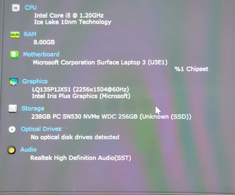 Microsoft Surface Laptop 3  Core I5-1035G7 1.20GHz 8GB DDR4 256GB NVMe READ _ Lap200