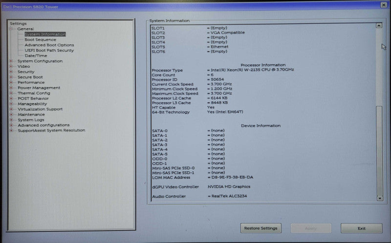 Dell Precision T5820, Xeon W-2135 3.70GHz, 128GB DDR4, No HDD, NVS 310