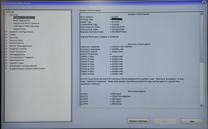 Dell Precision T5820, Xeon W-2135 3.70GHz, 128GB DDR4, No HDD, NVS 310