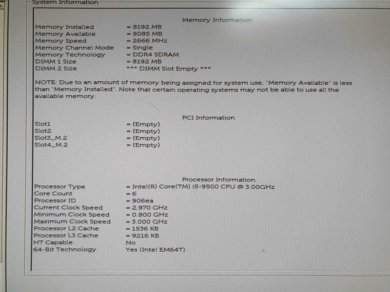 Dell OptiPlex 3070 SFF i5-9500 @ 3.00GHz 8GB RAM - No HDD