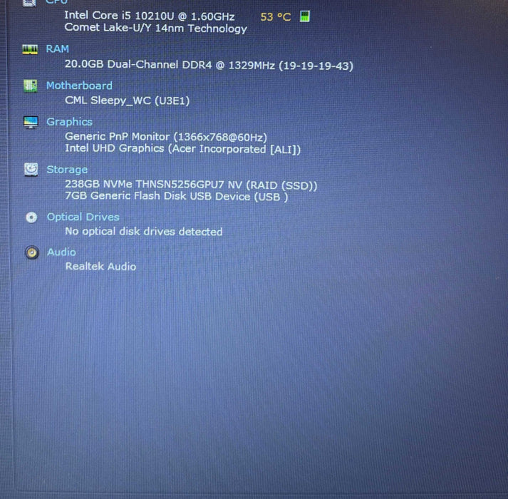 Acer Aspire A315-54 Core i5-10210U@1.6GHz 20GB RAM 256GB SSD  Lap200