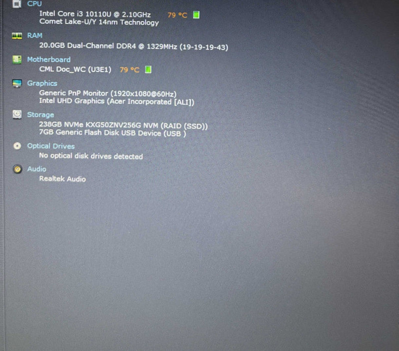Acer AspireA515-54 Core i3-10110U@2.1GHz 20GB RAM 256GB SSD  Lap200
