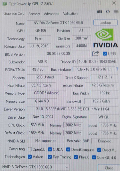 ASUS NVIDIA GeForce GTX 1060 6GB GDDR5 HDMI DVI DP GPU DUAL-GTX1060-06G _