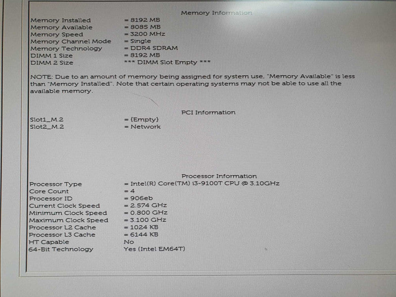 Dell Optiplex 3070 USFF, Intel i3-9100T CPU 3.10GHz, 8GB RAM - NO HDD
