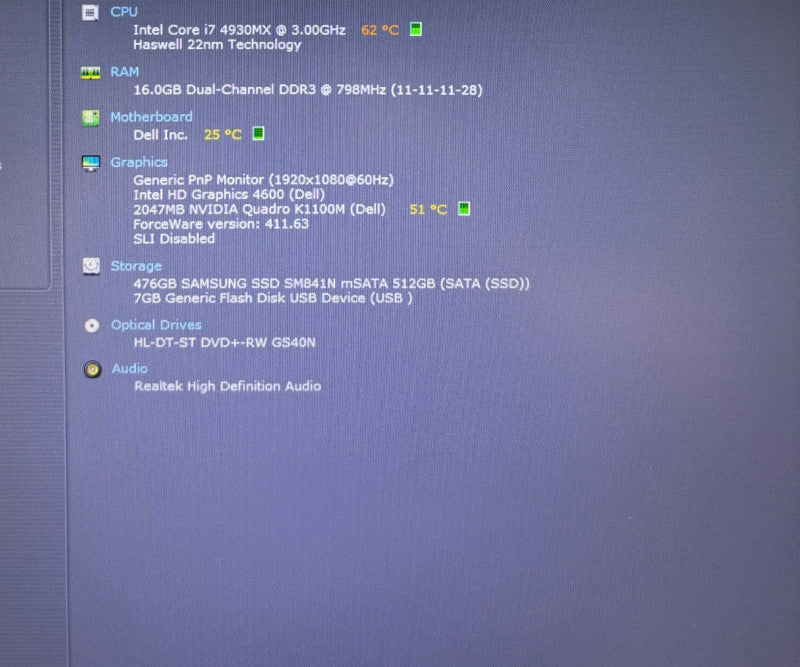 Dell Precision M4800 i7-4930MX@3GHz QUADRO K1100M 2GB GPU 16GBRAM 512GB SSD  Lap200