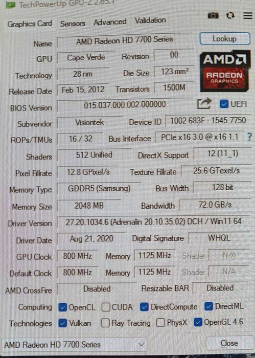 VisionTek Radeon 7750 6M 2GB Graphics Card VT 7750X6 PCIE 2G/MD6 GDDR5