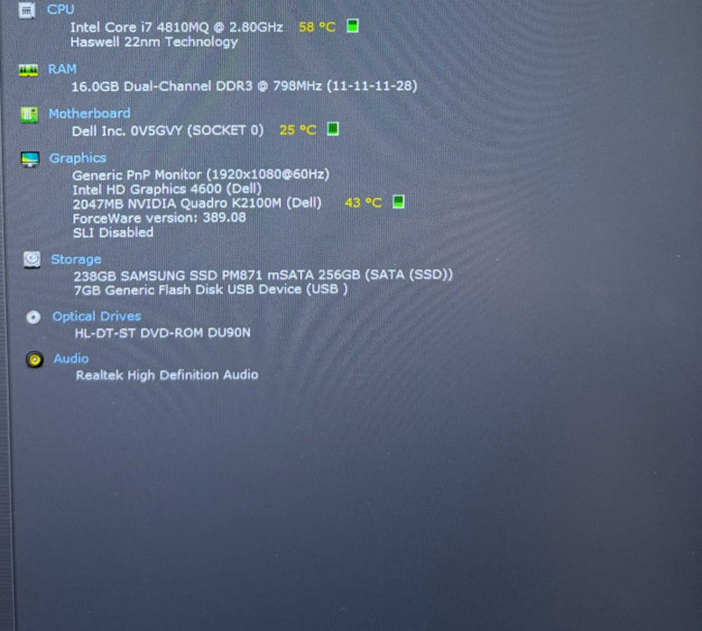 Dell Precision M4800 i7-4810MQ QUADRO K2100M 2GB GPU 16GBRAM 256SSD READ!  Lap200