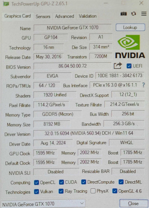 EVGA Nvidia GeForce GTX 1070 SC 8GB Graphics Card - 3xDP 1xHDMI 1xDVI