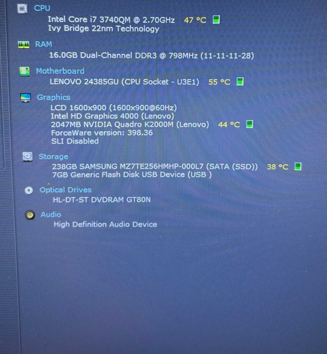 Lenovo ThinkPad W530 i7-3740QM@2.7GHz QUADRO K2000M 2GB GPU 16GB RAM 256SSD  Lap200