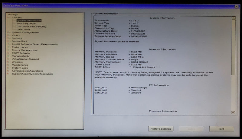 Dell OptiPlex 7080 Intel Core i5-10500T 8GB RAM 256GB NVMe - No OS