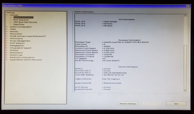 Dell OptiPlex 7080 Intel Core i5-10500T 8GB RAM 256GB NVMe - No OS