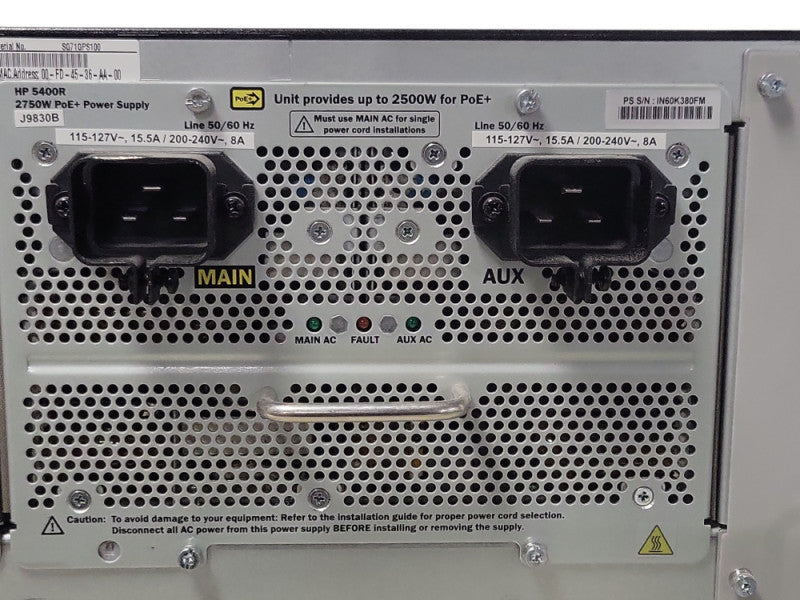 Aruba 5412R zl2 J9851A PoE+ with 3x J9986A, 2x J9990A, 2x J9830B 2500W PSU _