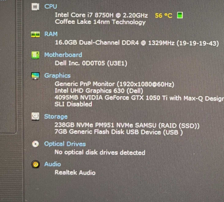 Dell XPS 15 9570 i7-8750H@2.2GHz GTX1050 Ti 4GB GPU 16GB RAM 256GB SSD READ  Lap200
